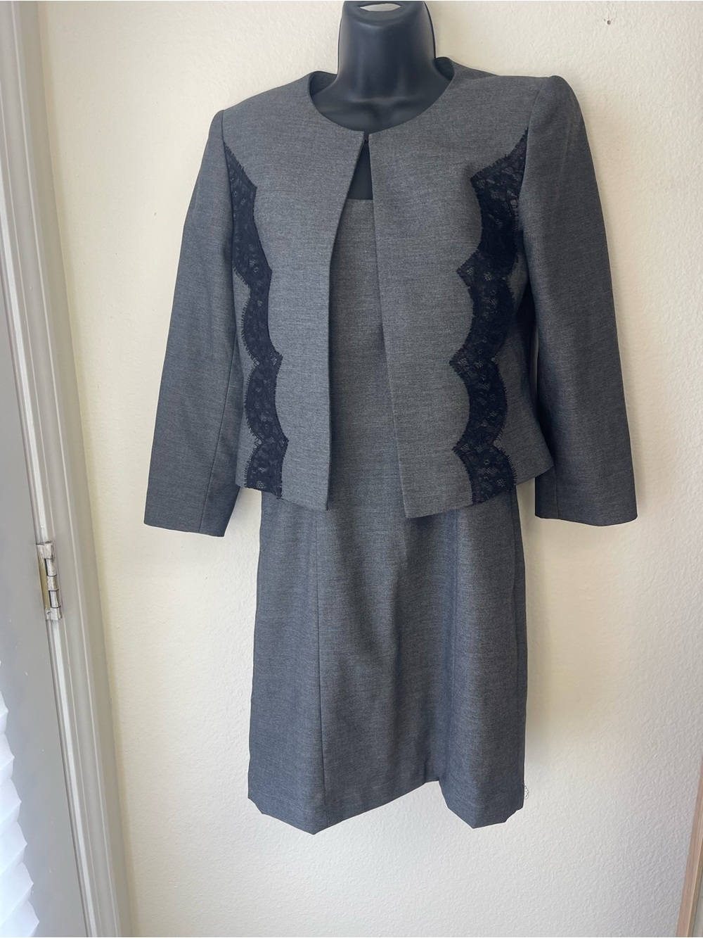 Gray Lace-Panel Midi Dress with Matching Jacket